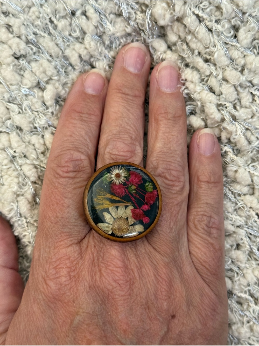 Handcrafted Floral Resin Wood Statement Ring in Black and Red
